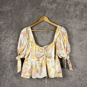 Wayf Shirt Womens XL Ivory Floral Smocked Short Sleeve Cropped Top Stitch Fix